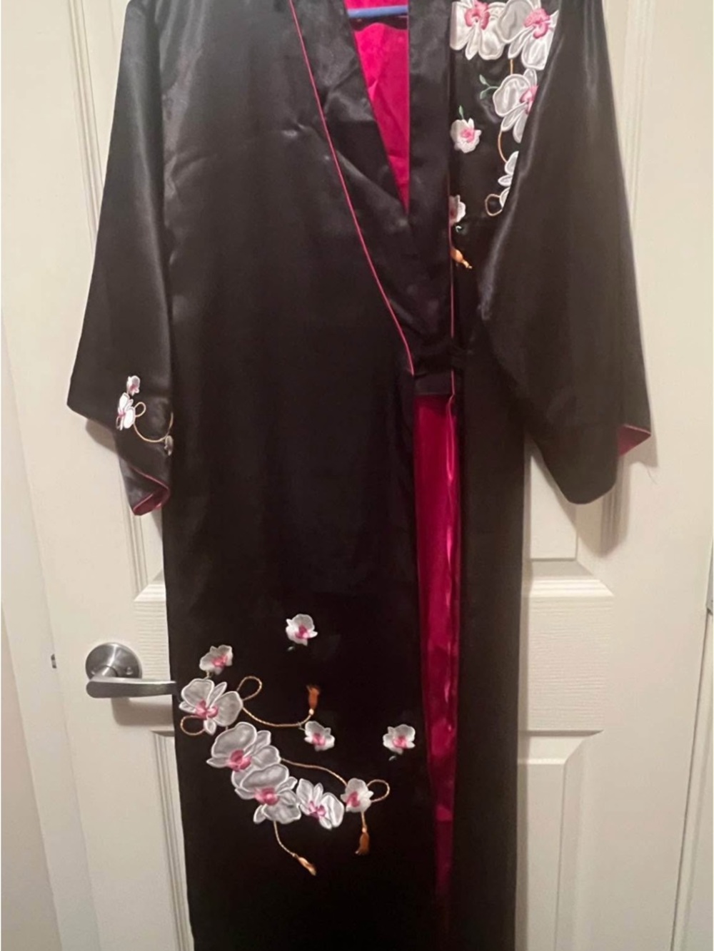 Black & Pink Floral Satin Robe with Embroidered Orchids